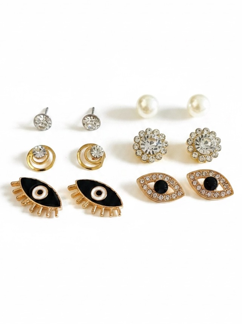 Black Evil Eye White Pearl Rhinestone Gold Swirl Set 6 Pairs Post Earrings Gift